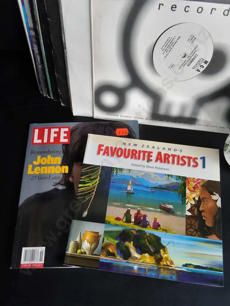 MIX OF VINTAGE RECORDS, MUSIC PUBLICATIONS, AND THE BEATLES CLOCK Image 1++