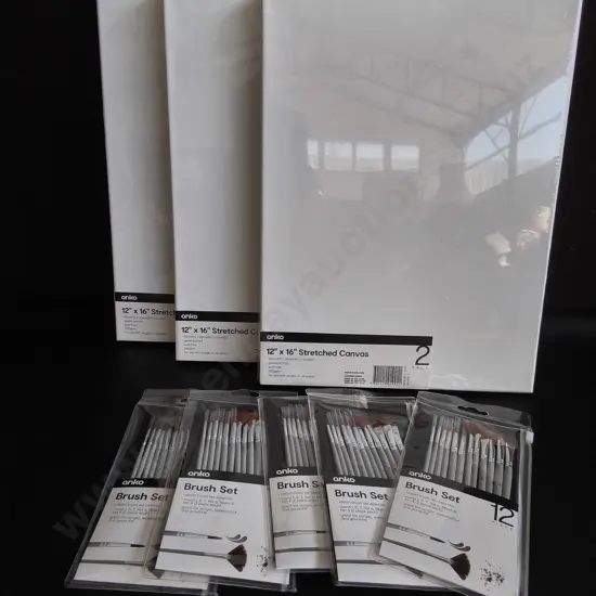 BRAND NEW CANVASES AND PAINTBRUSHES, 8 PIECES