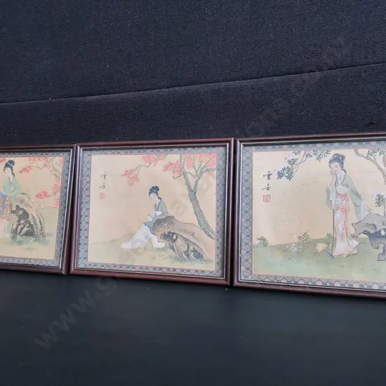 SET OF 3 VINTAGE CHINESE SILK PAINTINGS, FRAMED, H 22 CM X W 27 CM