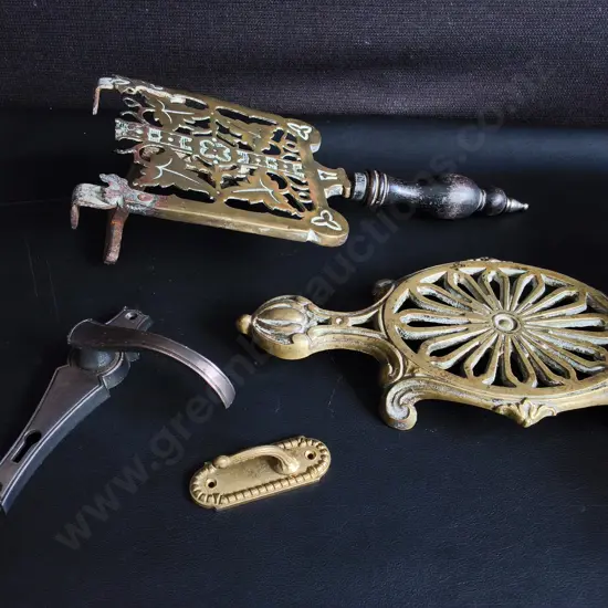 VINTAGE HARDWARE AND BRASS FIREPLACE TRIVETS