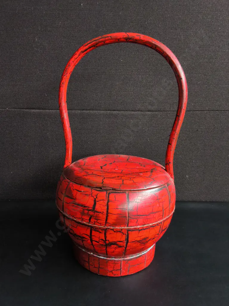 VINTAGE CHINESE RED LACQUER WEDDING BASKET, H TO HANDLE 47 CM Image 1++