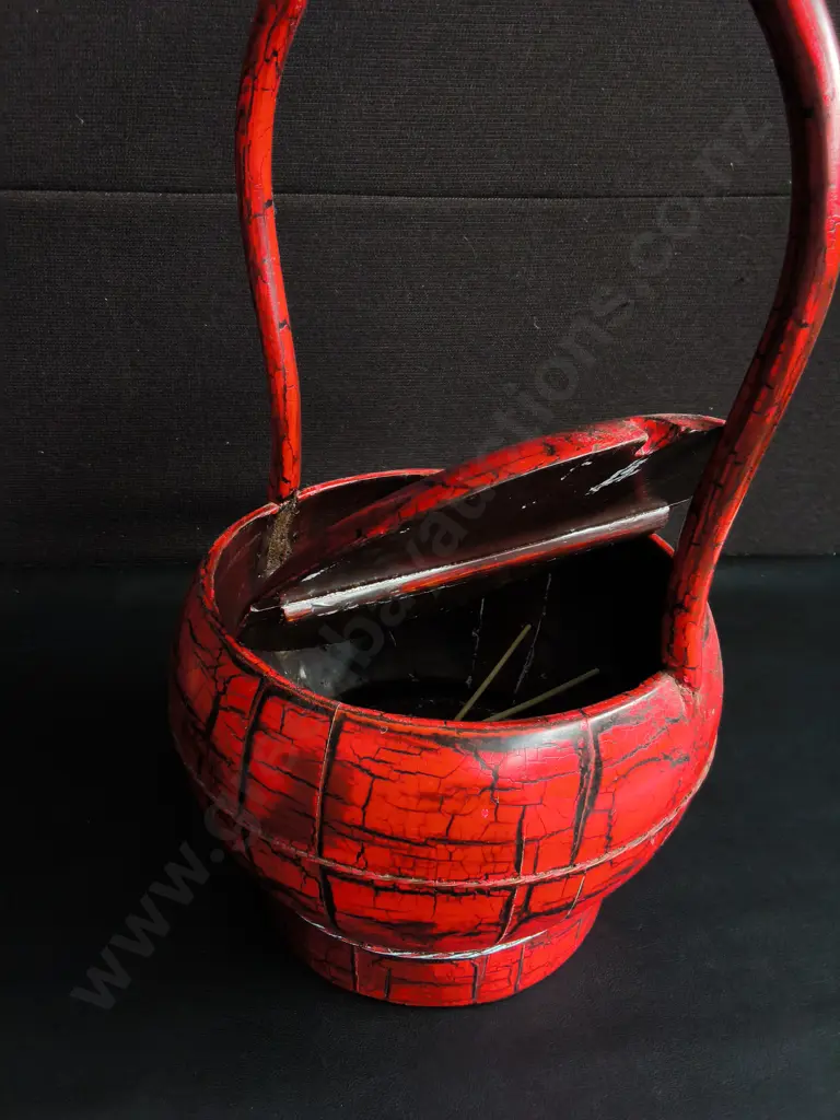 VINTAGE CHINESE RED LACQUER WEDDING BASKET, H TO HANDLE 47 CM Image 1++