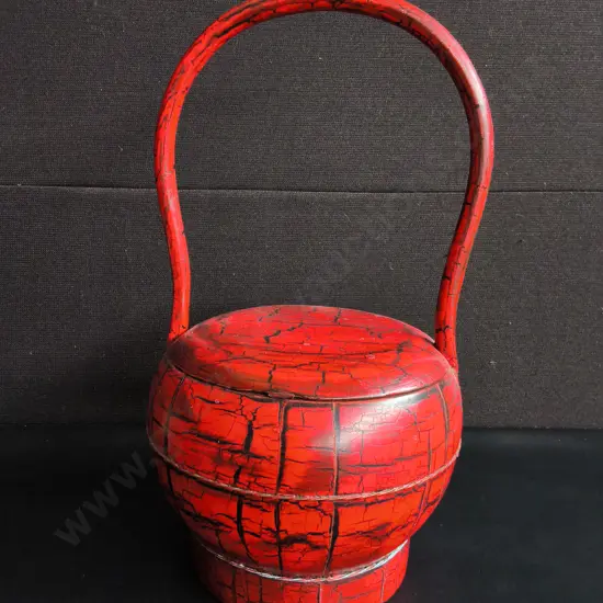 VINTAGE CHINESE RED LACQUER WEDDING BASKET, H TO HANDLE 47 CM