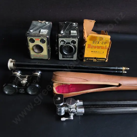 VINTAGE KODAK BROWNIE CAMERAS AND OPTICS, TRIPODS AND BINOCULARS