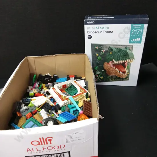 BOX OF LEGO AND A MINI BLOCKS DINO FRAME