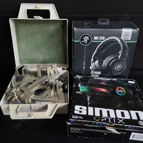VINTAGE MARINE SEXTANT, BOXED HEADPHONES AND SIMON OPTIX