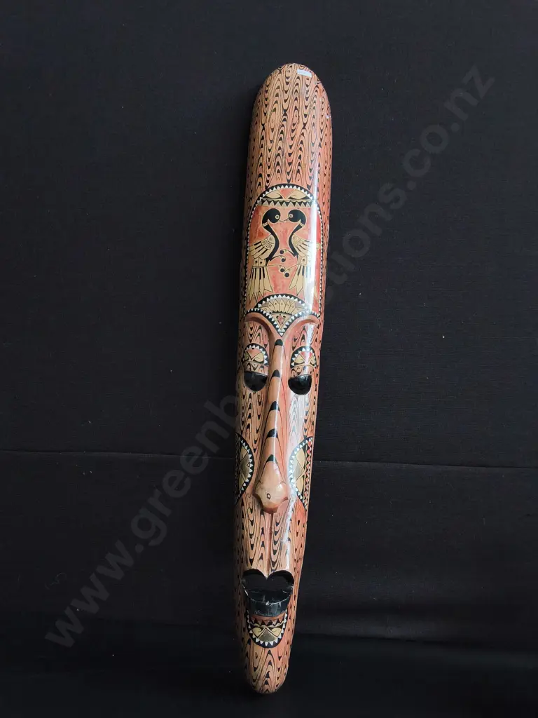 HAND CARVED ELONGATED WOODEN TRIBAL STYLE WALL MASK, H 99 CM Image 1++