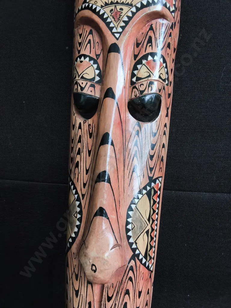 HAND CARVED ELONGATED WOODEN TRIBAL STYLE WALL MASK, H 99 CM Image 1++