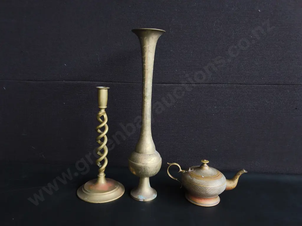 VINTAGE BARLEY TWIST CANDLESTICK, TRUMPET BUD VASE, AND MINIATURE TEAPOT, TALLEST H 43 CM Image 1++