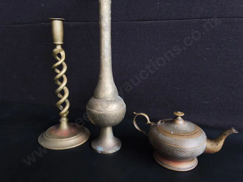 VINTAGE BARLEY TWIST CANDLESTICK, TRUMPET BUD VASE, AND MINIATURE TEAPOT, TALLEST H 43 CM Image 1++