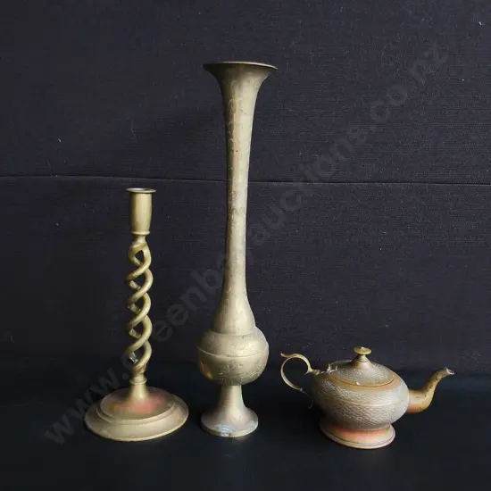 VINTAGE BARLEY TWIST CANDLESTICK, TRUMPET BUD VASE, AND MINIATURE TEAPOT, TALLEST H 43 CM