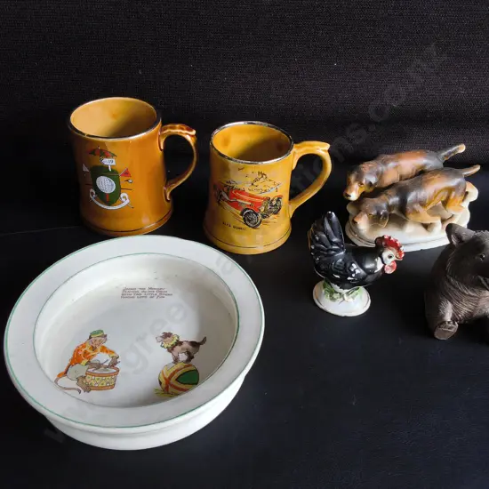MIX OF VINTAGE ITEMS, NURSERY BOWL, CLASSIC CAR LUSTRE MUGS, AND ANIMAL FIGURES, WIDEST DIA 17 CM