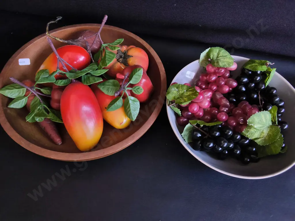 PAIR OF DECORATIVE BOWLS FILLED WITG ARTIFICIAL FRUITS AND VEGETABLES Image 1++