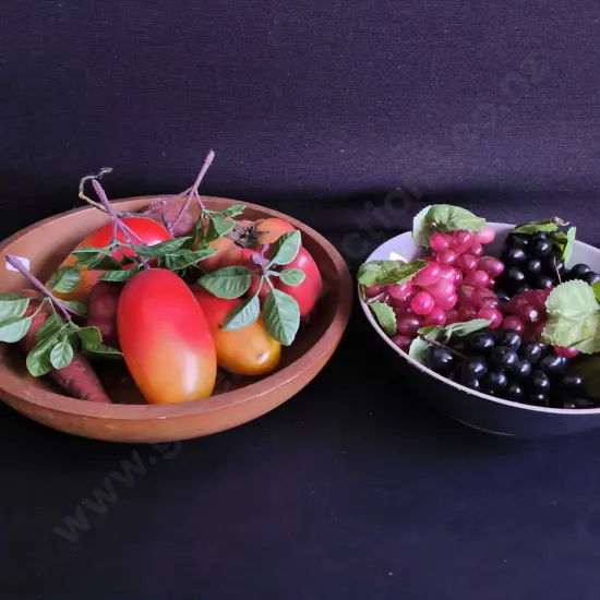 PAIR OF DECORATIVE BOWLS FILLED WITG ARTIFICIAL FRUITS AND VEGETABLES