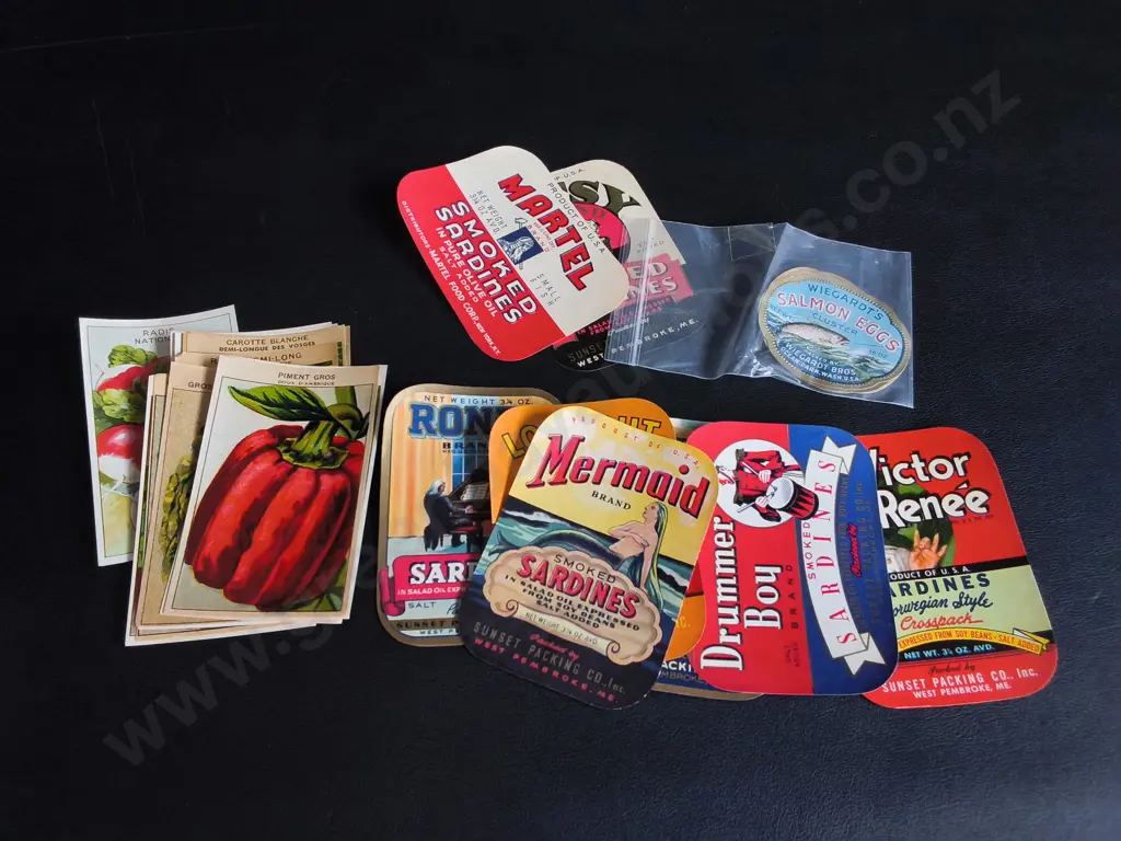 VINTAGE SARDINE TIN LABELS AND FRENCH LITHOGRAPH LABELS Image 1++