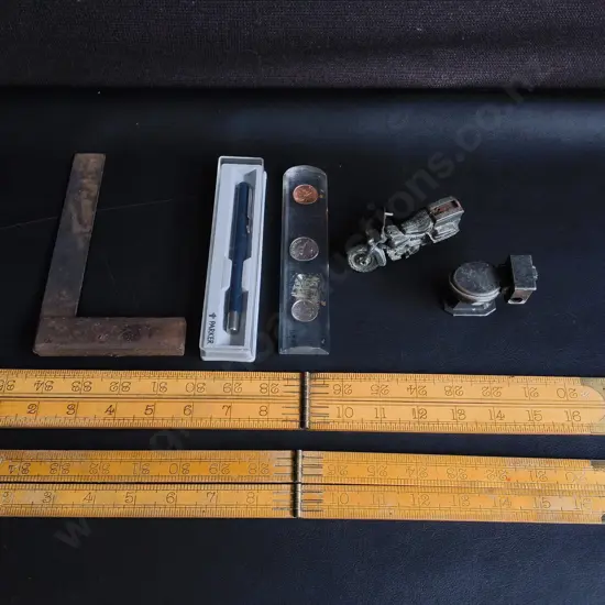 VINTAGE STATIONARY AND TOOLS, FOLDING RULERS, NOVELTY METAL PENCIL SHARPENERS, PARKER PEN