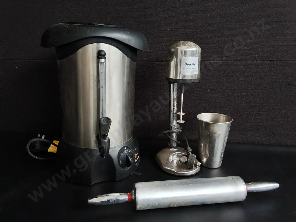 BREVILLE HOT WATER URN AND MILKSHAKE MAKER, AND ALUMINUM ROLLING PIN Image 1++