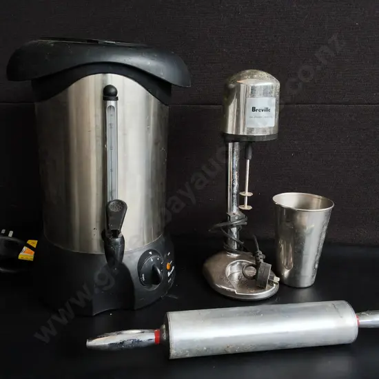 BREVILLE HOT WATER URN AND MILKSHAKE MAKER, AND ALUMINUM ROLLING PIN