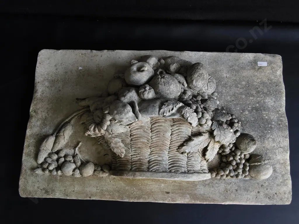 DECORATIVE STONE WALL PLAQUE, HIGH RELIEF CARVED BASKET, W 68 CM X H 41 CM Image 1++