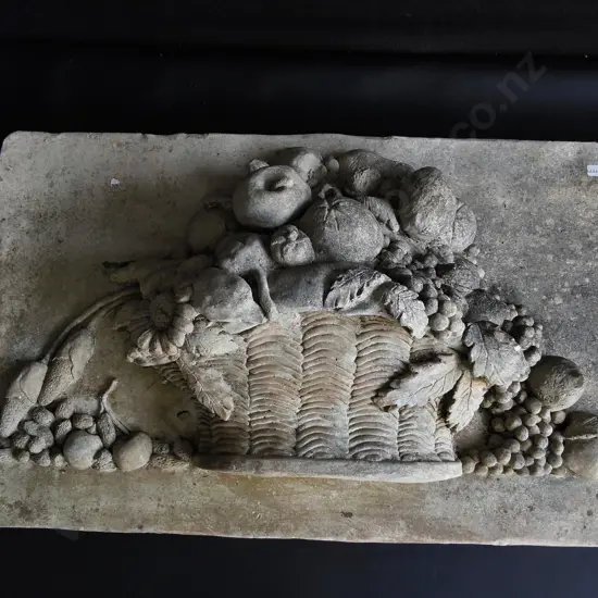 DECORATIVE STONE WALL PLAQUE, HIGH RELIEF CARVED BASKET, W 68 CM X H 41 CM