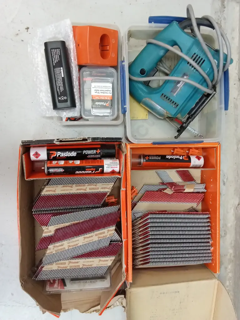 PASLODE IMPULSE NAILS AND FUEL CELLS, BATTERY, AND MAKITA JIGSAW Image 1++