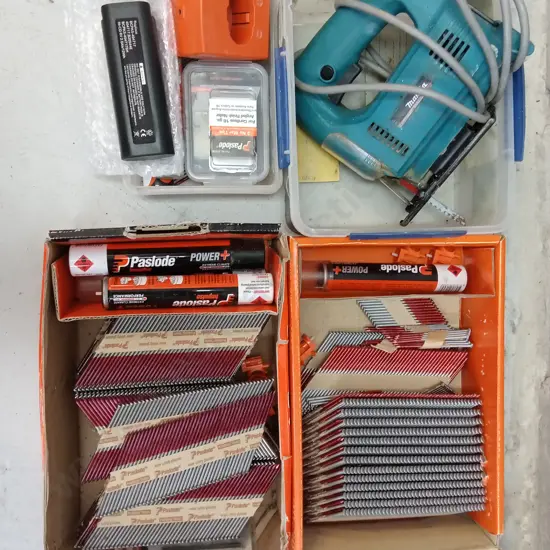 PASLODE IMPULSE NAILS AND FUEL CELLS, BATTERY, AND MAKITA JIGSAW