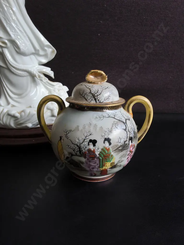VINTAGE ASIAN DECOR, BLAC DE CHINE GUANYIN STATUE ON STAND AND JAPANESE GEISHA SUGAR BOWL, TALLEST H 41 CM Image 1++