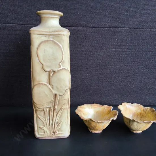 VINTAGE ART NOUVEAU STYLE CERAMICS, PAIR OF BOWLS AND VASE, TALLEST H 33 CM, DAMAGE PICTURED