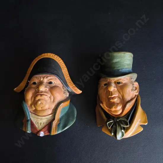 PAIR OF VINTAGE BOSSONS CHALKWARE HEADS, MR. BUMBLE, AND MR MICAWBER, CHARLES DICKENS SERIES, TALLEST H 16 CM