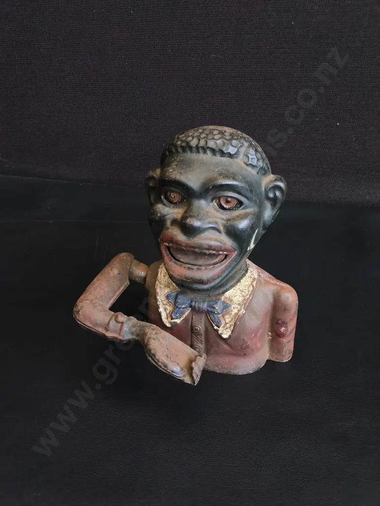 VINTAGE CAST IRON "JOLLY BOY" MECHANICAL BANK, REPAIRED, H 15 CM Image 1++