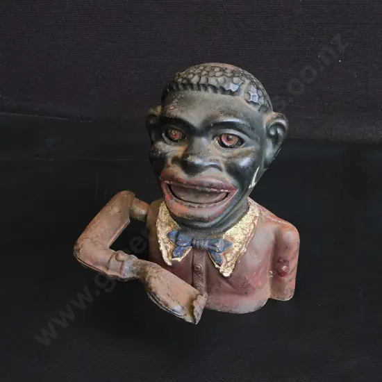 VINTAGE CAST IRON "JOLLY BOY" MECHANICAL BANK, REPAIRED, H 15 CM