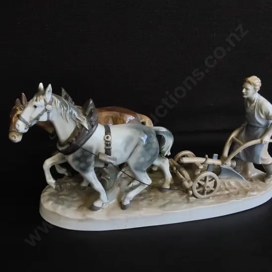 VINTAGE GERMAN PORCELIAN FIRGURINE, FARMER PLOWING FIELD WITH TWO WORKHORSES, W APPROX 37 CM