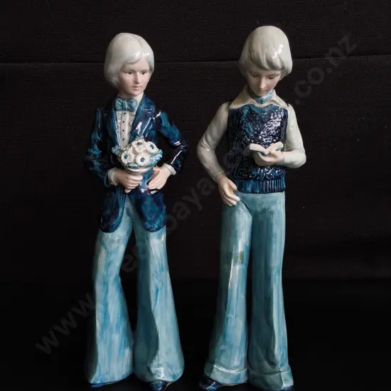 PAIR OF VINTAGE 1970S PORCELAIN FIGURINES, MOD BLUE FLARED PANTS STATUETTES, MADE IN JAPAN, H 29 CM