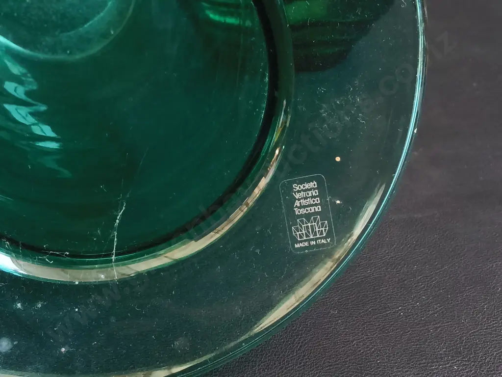VINTAGE SVAT ITALIAN ART GLASS TEAL MUSHROOM VASE AND OPTIC RING BOWL, TALLEST H 25 CM Image 1++