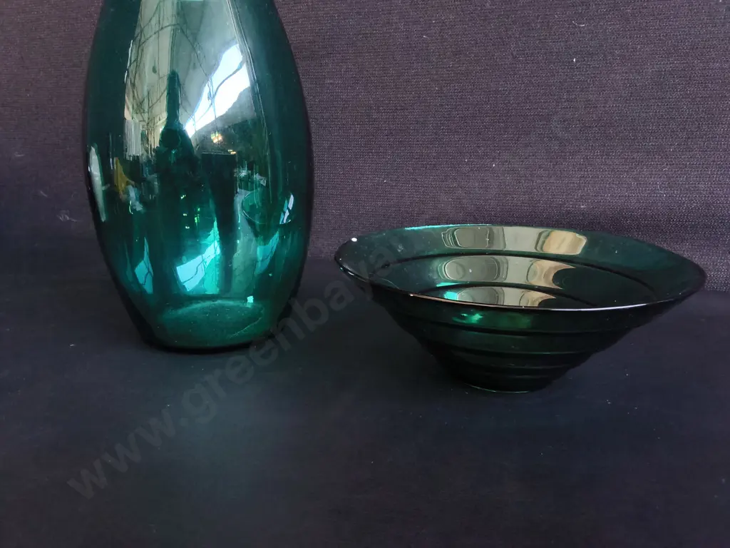 VINTAGE SVAT ITALIAN ART GLASS TEAL MUSHROOM VASE AND OPTIC RING BOWL, TALLEST H 25 CM Image 1++