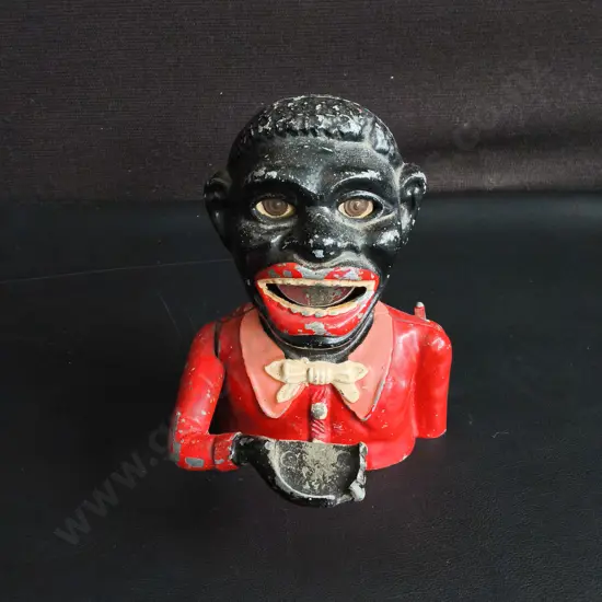 VINTAGE "GREEDY BOY" PAINTED CAST METAL MECHANICAL COIN BANK, H 14 CM