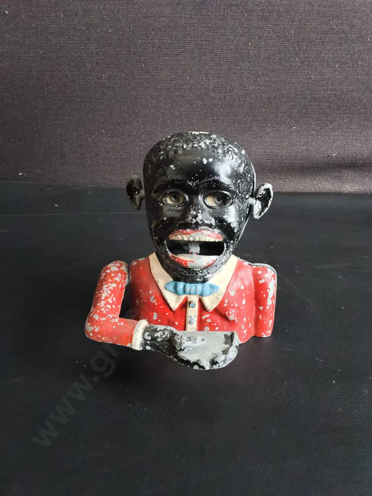 VINTAGE BLACK AMERICANA STARKIE'S PATENT MECHANICAL MONEY BOX, H 12 CM Image 1++