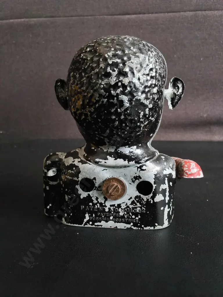 VINTAGE BLACK AMERICANA STARKIE'S PATENT MECHANICAL MONEY BOX, H 12 CM Image 1++