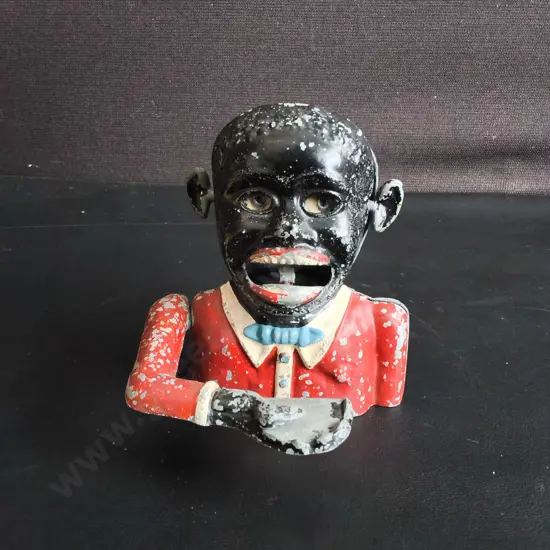 VINTAGE BLACK AMERICANA STARKIE'S PATENT MECHANICAL MONEY BOX, H 12 CM
