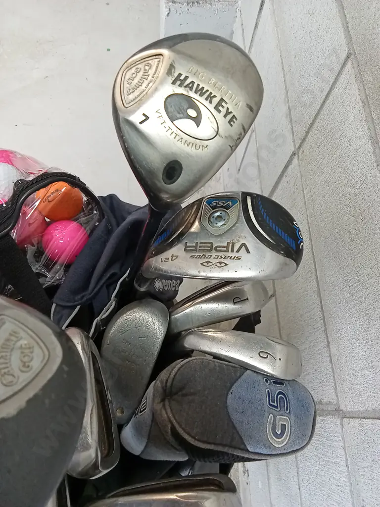 SET OF GOLF CLUBS IN MULTI POCKET CARRYING STAND AND BALLS Image 1++