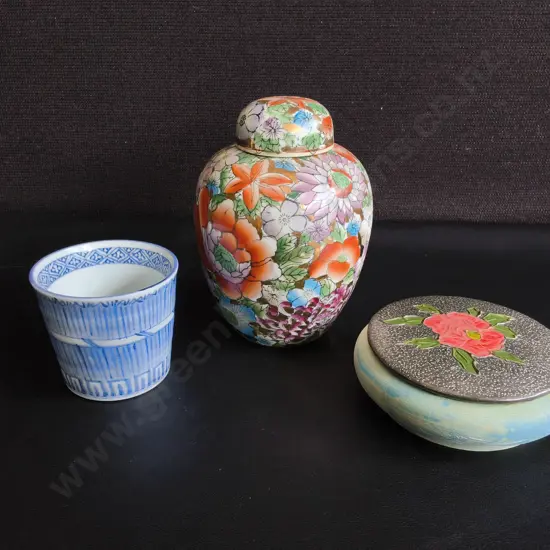 3 PIECES VINTAGE ASIAN DECOR, JAPANESE SOBA CHOKO CUP, CHINESE MILLEFLEUR GINGER JAR, FLORAL TRINKET BOX, TALLEST H 16CM