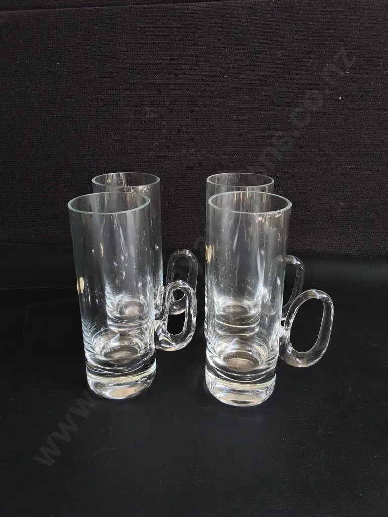 SET OF 4 MID CENTURY MODERN ROMANIAN HAND BLOWN LEAD CRYSTAL GLASSES WITH LOOP HANDLES, H 15 CM Image 1++