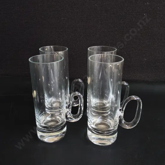 SET OF 4 MID CENTURY MODERN ROMANIAN HAND BLOWN LEAD CRYSTAL GLASSES WITH LOOP HANDLES, H 15 CM