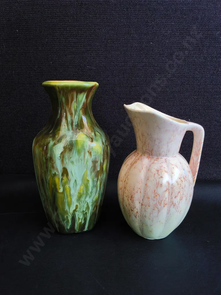 PAIR OF VINTAGE ART DECO DRIP GLAZE CERAMIC VASES, TALLEST H 18 CM Image 1++