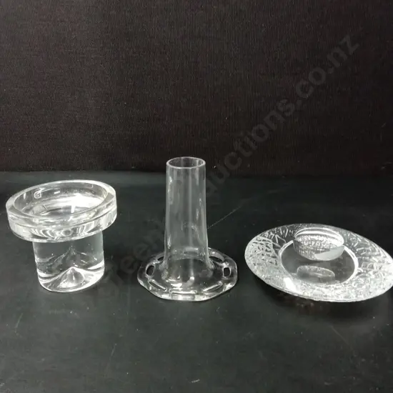 3 GLASS CANDLE HOLDERS TALLEST H11.5CM