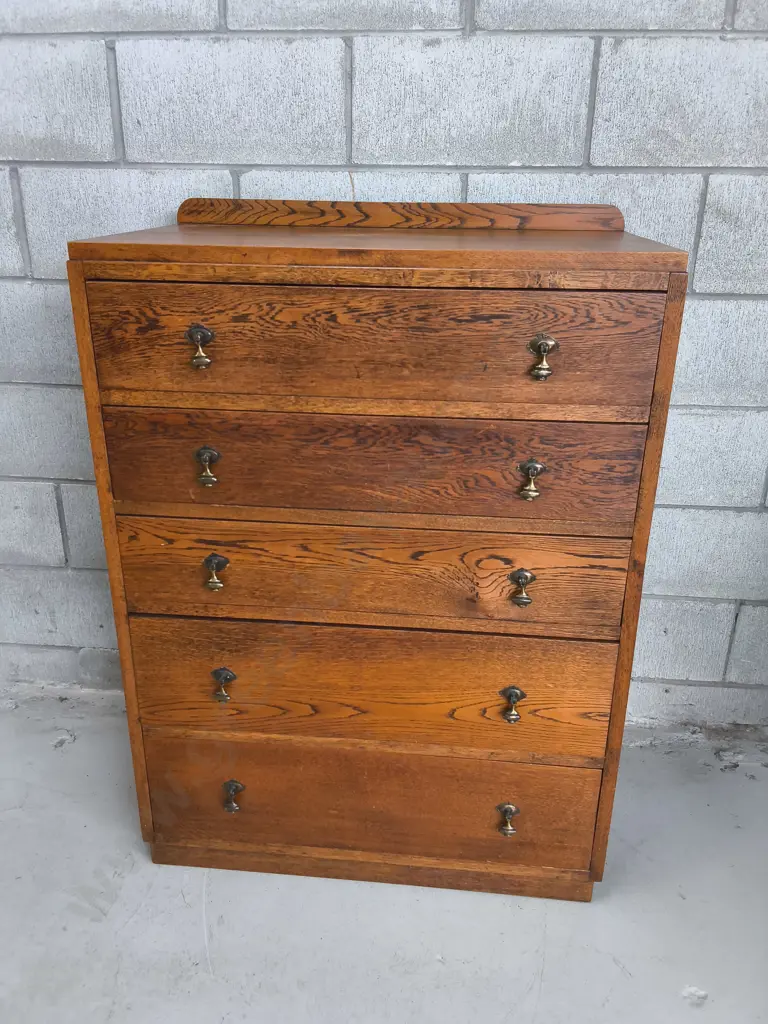 VINTAGE 5 DRAWER WOODEN CHEST OF DRAWERS, OAK, H 1.05 M X W 76 CM X D 44 CM Image 1++