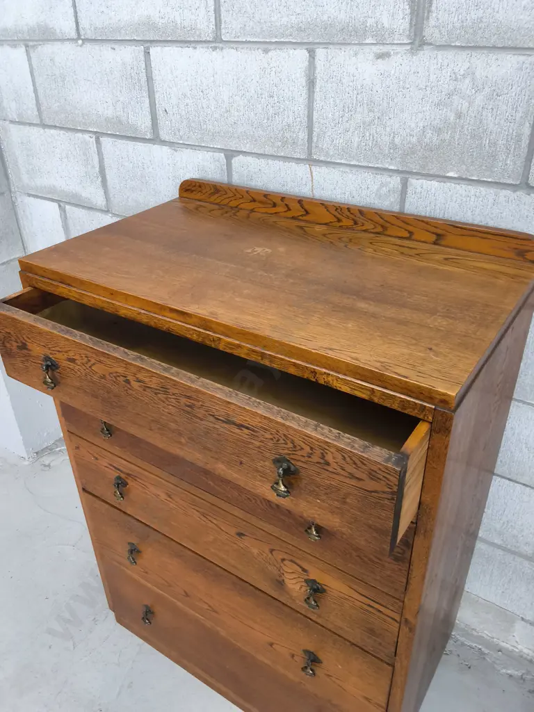 VINTAGE 5 DRAWER WOODEN CHEST OF DRAWERS, OAK, H 1.05 M X W 76 CM X D 44 CM Image 1++