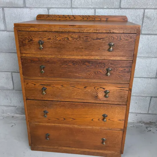 VINTAGE 5 DRAWER WOODEN CHEST OF DRAWERS, OAK, H 1.05 M X W 76 CM X D 44 CM