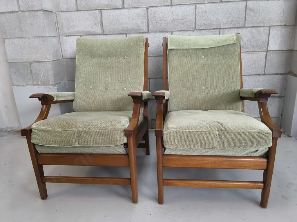 PAIR OF MID CENTURY MODERN LOUNGE CHAIRS, SAGE GREEN CORDUROY Image 1++