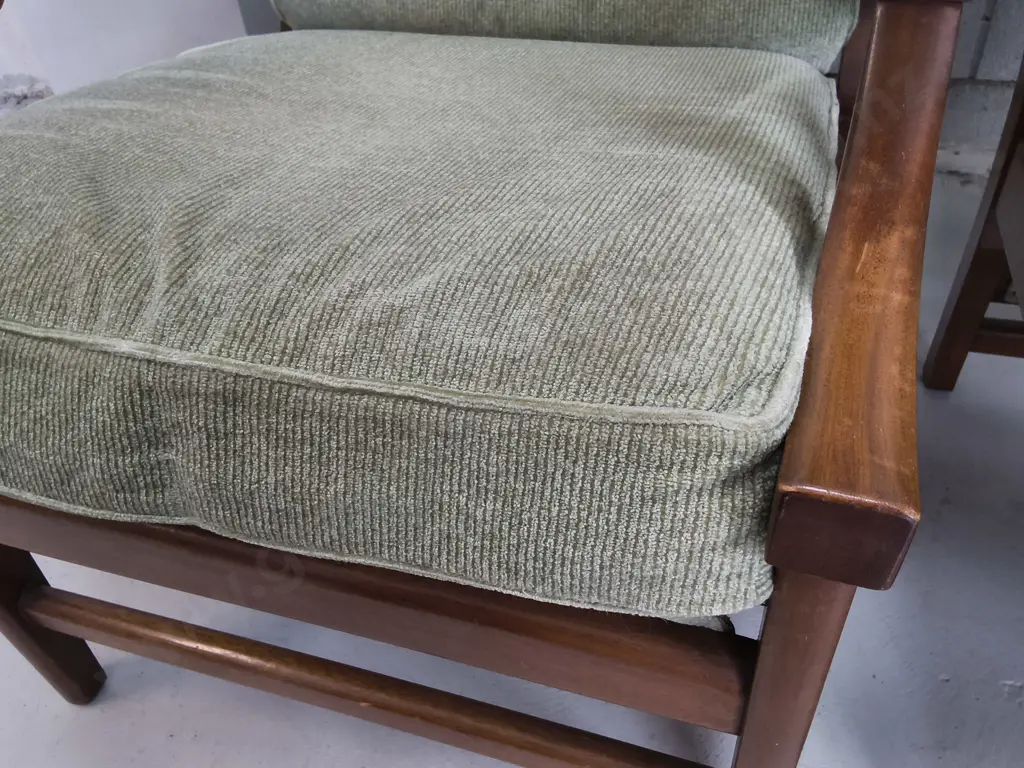 PAIR OF MID CENTURY MODERN LOUNGE CHAIRS, SAGE GREEN CORDUROY Image 1++